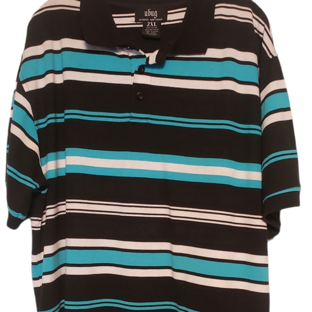 Men's Ubug Black Bright Blue Striped Polo Shirt 2X
